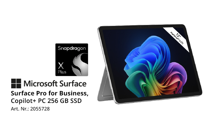 Microsoft Surface Pro for Business, Copilot+ PC mit 256 GB SSD, in Silber, 12 Zoll mit PixelSense Technologie – schräge Seitenansicht mit aufgeklapptem Standfuß und Windows-11-Startbildschirm.