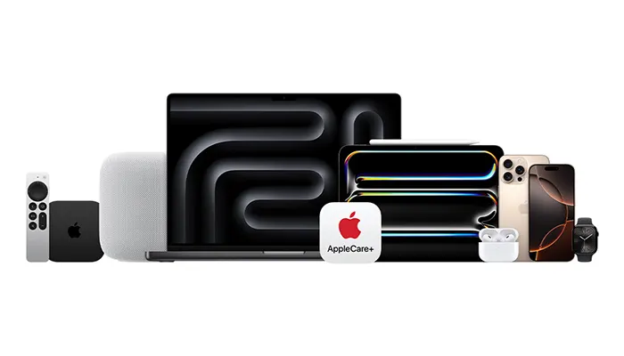 Sieben Apple-Produkte nebeneinander: Apple TV mit Fernbedienung, HomePod mini, aufgeklapptes MacBook Pro, iPad Pro, AirPods Pro im Ladecase, iPhone und Apple Watch. In der Mitte ein rundes AppleCare+ Logo