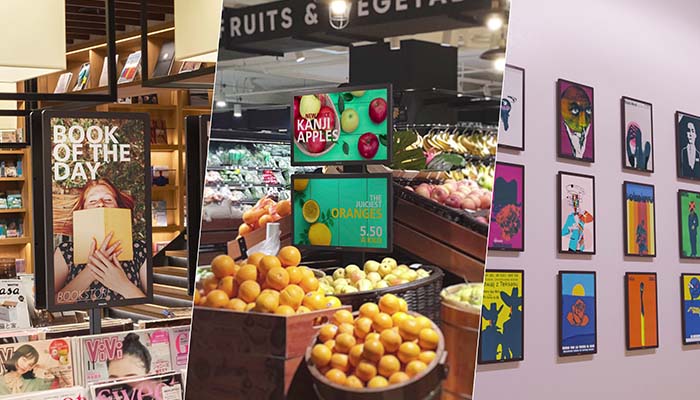 Ein dreigeteiltes Bild zeigt einen Buchladen, einen Obst- und Gemüseladen und eine Wand mit Kunstwerken.