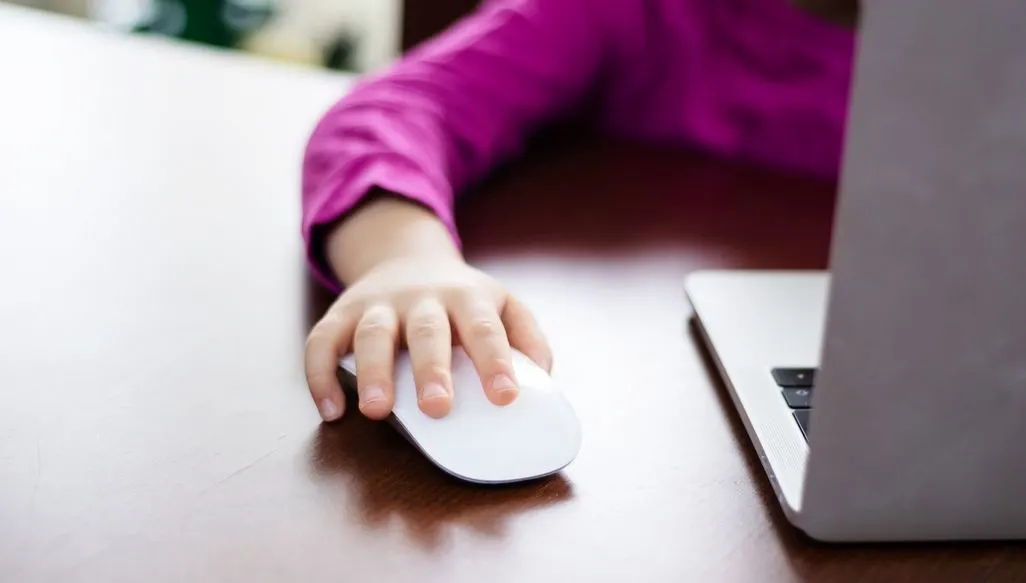 Eine Hand in einem magenta Ärmel bedient eine weiße Maus auf einem dunkelbraunen Holztisch neben einem silbernen Laptop.