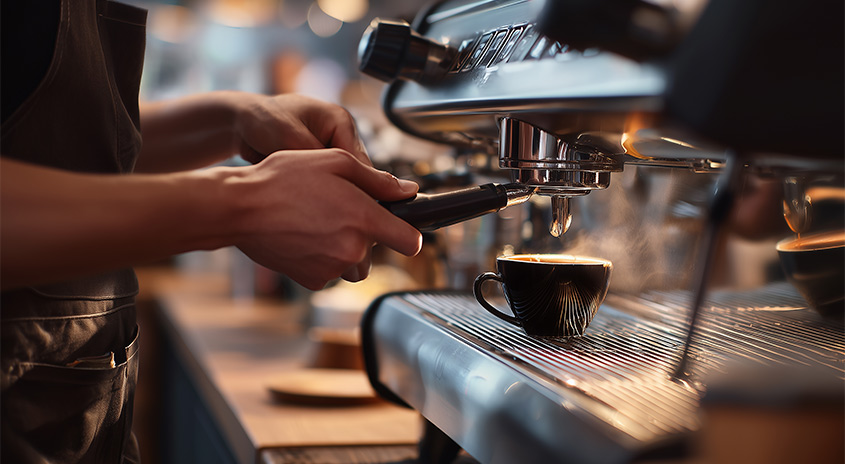 Barista bereitet an einer Siebträgermaschine frischen Espresso zu, der direkt in eine schwarze Tasse läuft.