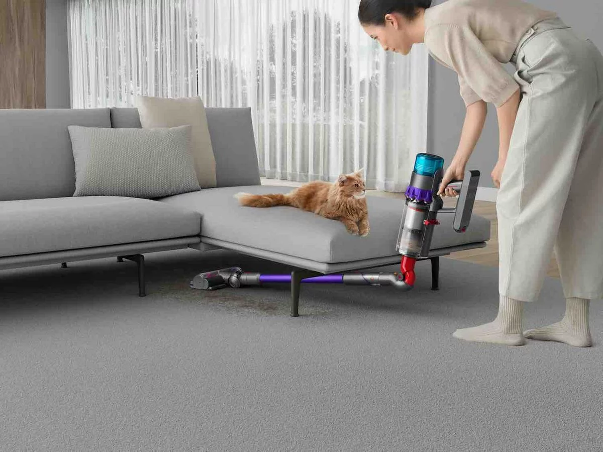 Eine Person saugt unter einem grauen Sofa mit einem bunten Akku-Staubsauger. Eine orange Katze liegt auf dem Sofa. Grauer Teppich, helle Vorhänge.