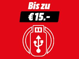 Roter Hintergrund mit Text: Bis zu € 15,-. Darunter ein Iconbild von einer Speicher-Stick.