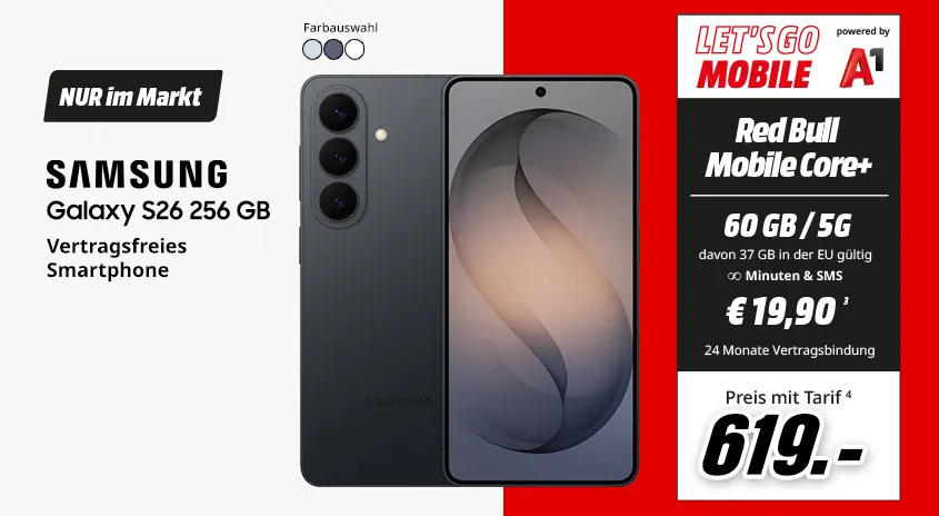 Samsung S26, 256 GB, verschiedene Farben, vertragsfrei im Markt, mit Let's Go Mobile powered by Red Bull MOBILE Core+ Tarif um € 619,-