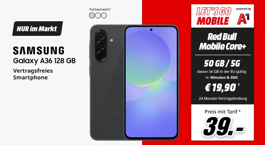 Samsung A36, 128 GB, verschiedene Farben, vertragsfrei im Markt, mit Red Bull MOBILE Core+ Tarif um € 39,