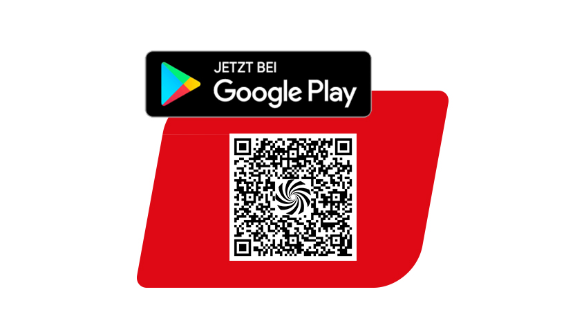 Ein QR-Code über einem roten Rechteck mit dem Google Play Logo auf weißem Hintergrund.