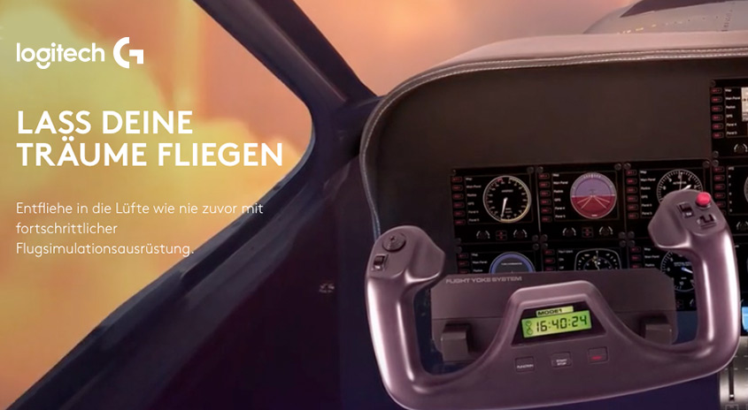 Cockpit-Ansicht mit Instrumenten, Flugzeugsteuerung und Logitech-Logo. Text: "Lass deine Träume fliegen", Flugsimulationsausrüstung.
