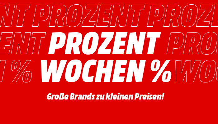 Roter Hintegrund. Davor steht groß: Prozentwochen und das % Zeichen. Darunter in etwas kleinerer Schrift: Große Brands zu kleinen Preisen!