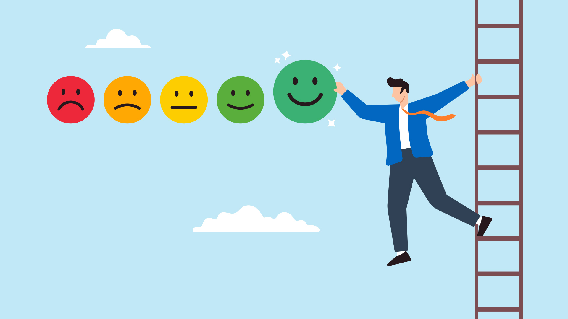 Bild mit Piktogrammen: Person auf einer Leiter greift nach einem großen grünen Smiley, daneben weitere Emojis von traurig bis zufrieden – Symbol für Gesundheit und Vorsorge.