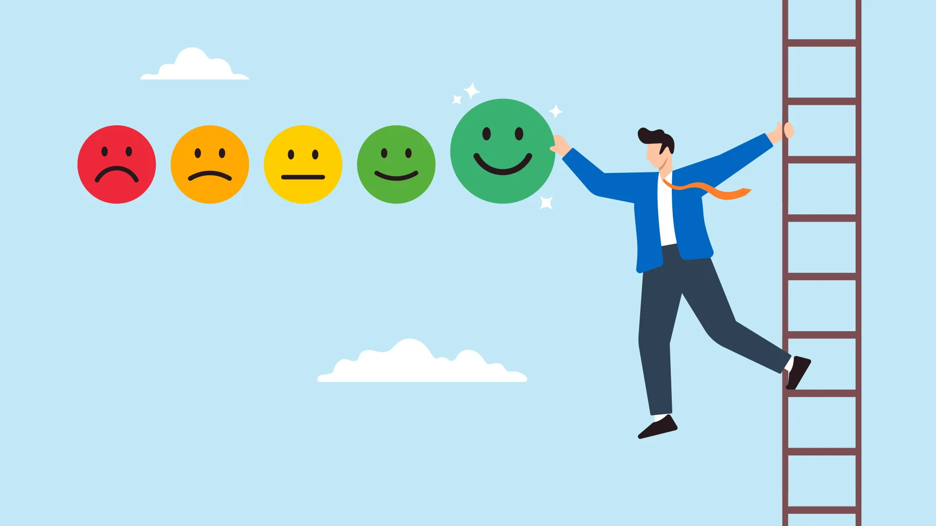 Bild mit Piktogrammen: Person auf einer Leiter greift nach einem großen grünen Smiley, daneben weitere Emojis von traurig bis zufrieden – Symbol für Gesundheit und Vorsorge.