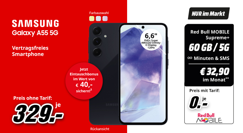Werbung für das Samsung Galaxy A55 5G. Das Handy ist in Schwarz abgebildet. Red Bull Mobile Tarifinformationen enthalten.