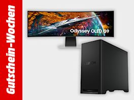 Werbebanner zu den Gutschein-Wochen mit zwei Produkten vor grauem Hintergrund: Monitor und PC