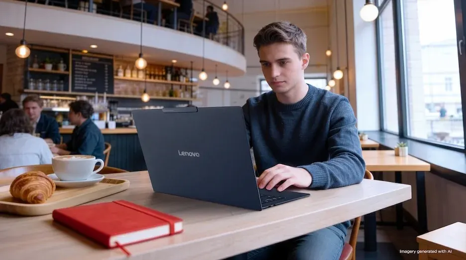 Ein mittels KI generiertes Bild zeigt einen junger Mann, der mit Lenovo-Laptop in einem modernen Café arbeitet.