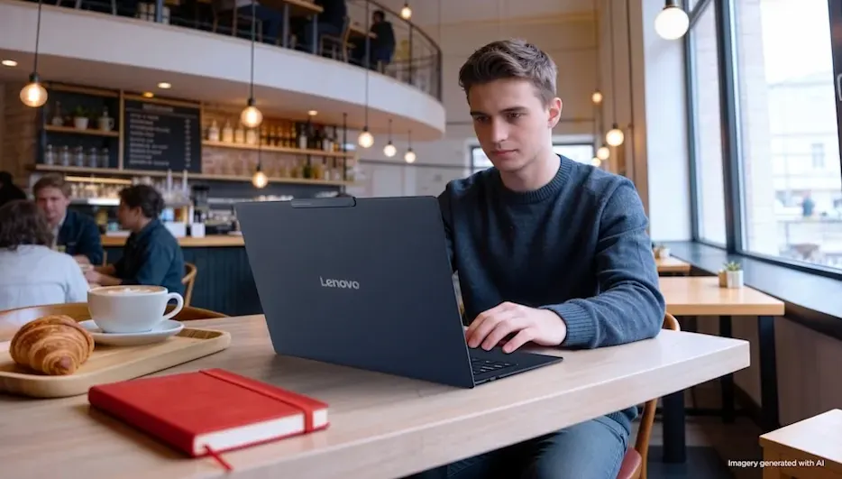 Ein mittels KI generiertes Bild zeigt einen junger Mann, der mit Lenovo-Laptop in einem modernen Café arbeitet.