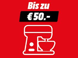 Grafik mit rotem Hintergrund: Oben steht in Weiß „Bis zu €50.-“, darunter ein weißes Icon einer Küchenmaschine