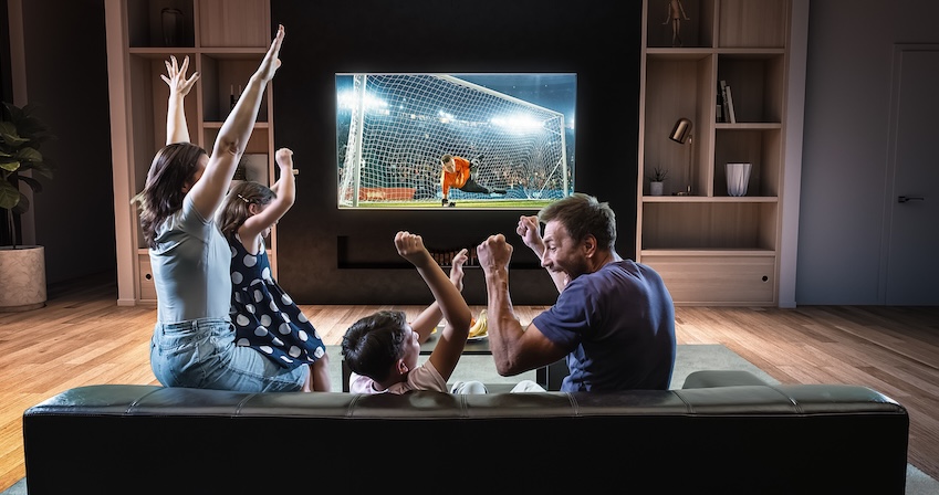 Familie jubelt auf schwarzem Sofa, schaut Fußballspiel mit Torwartparade auf großem TV. Im Hintergrund Holzregal und Holzboden.