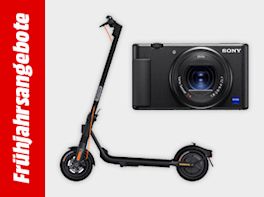 Bild mit hellgrauem Hintergrund und einem roten Streifen links und weißem Text "Frühjahrsangebote"; rechts im Bild einer Kamera und eines E-Scooter