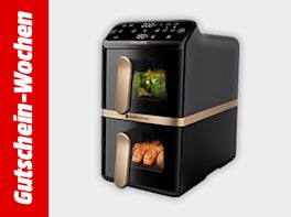 Werbebanner zu den Gutschein-Wochen mit einem Airfryer vor grauem Hintergrund