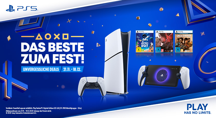 Das Beste zum Fest! PS5 Unvergessliche Deals vom 21.11.-18.12. - Controller, Games und Konsolen sind abgebildet. Text: Play has no limits.