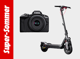 Produktbild einer Kamera und eines E-Scooters. Links befindet sich ein roter Balken mit der weißen Aufschrift „Super Sommer“.
