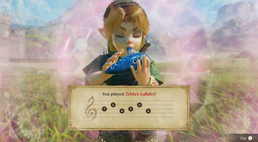 Link spielt mit geschlossenen Augen die blaue Okarina, im Hintergrund eine leuchtende Fee vor verschwommener Landschaft; eingeblendet ist die Notenfolge „Zeldas Wiegenlied“ mit der Meldung „You played Zelda's Lullaby!“.