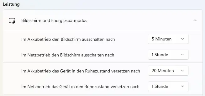 Screenshot des Windows Menüs zu Bildschirm und Energiesparmodus