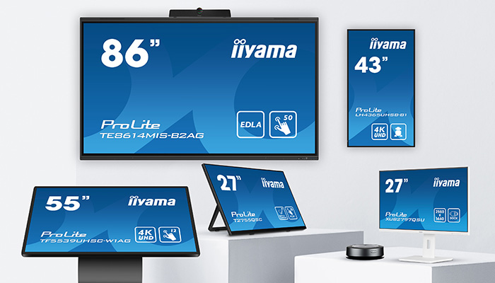 Eine Darstellung verschiedenster Monitore und Displays von iiyama. Von 27 Zoll bis 86 Zoll, mit Wandhalterung oder Standfüßen.