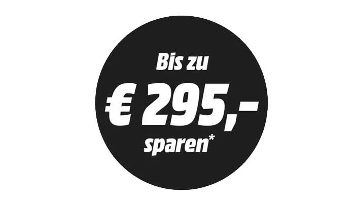 Schwarzer Bubble in dem steht: "Bis zu € 295,- sparen"
