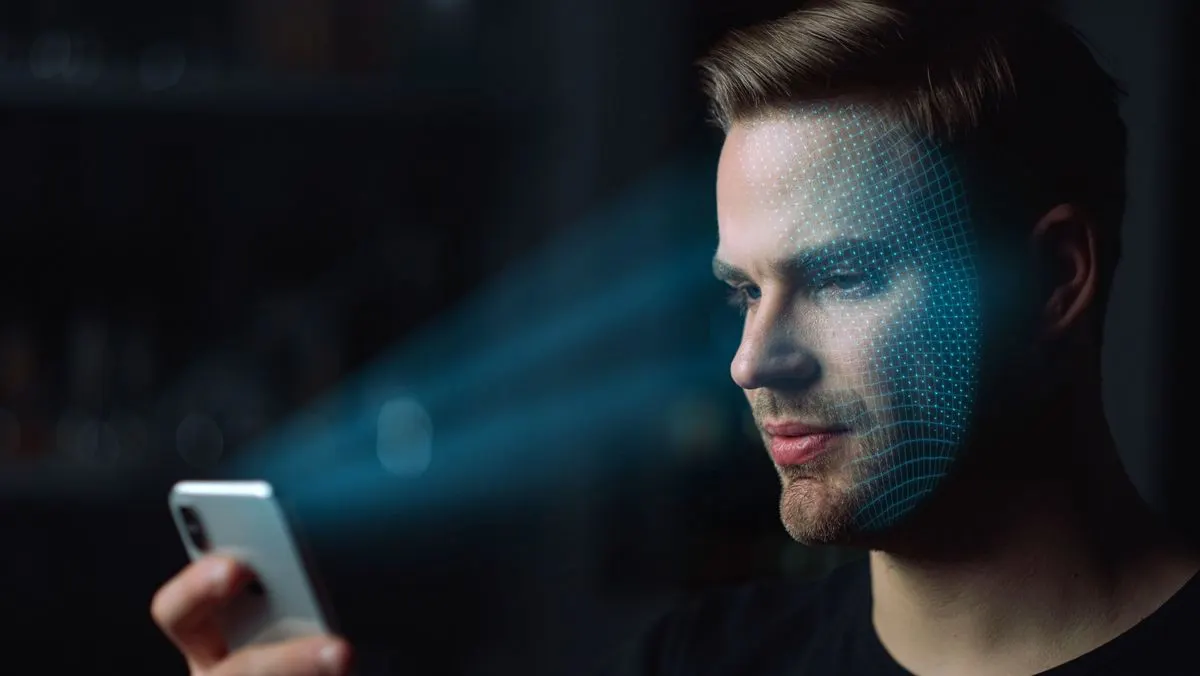 Eine Person haelt ein Smartphone und entsperrt es mit Gesichtserkennung
