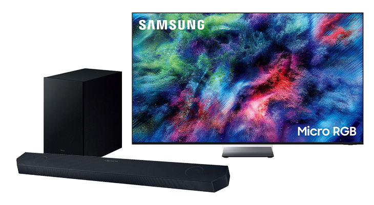 Samsung Micro RGB TV  mit farbenfrohem Display und schwarzer Soundbar mit Subwoofer.