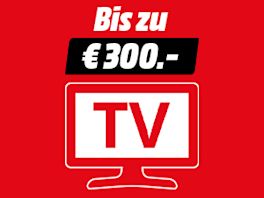 Grafik mit rotem Hintergrund: Oben steht in Weiß „Bis zu €300.-“, darunter ein weißes Icon eines TV-Geräts