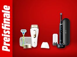 Bild mit rotem Hintergrund. Links steht: Preisfinale, daneben das Produktbild eines Epiliergeräts und einer elektrischen Zahnbürste.