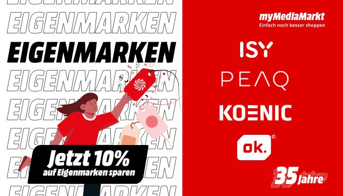 Roter und weißer Werbe-Flyer mit Eigenmarken-Angeboten und dem MediaMarkt-Logo.