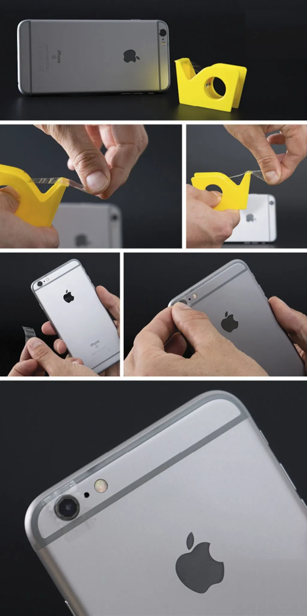 Anleitung wie ein Stück Klebeband auf die Rückkamera eines Smartphones geklebt wird.