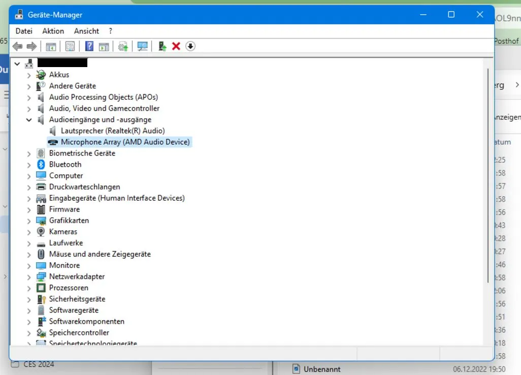 Windows Geraete-Manager zeigt Audioeingänge und Mikrophone Array Einträge.