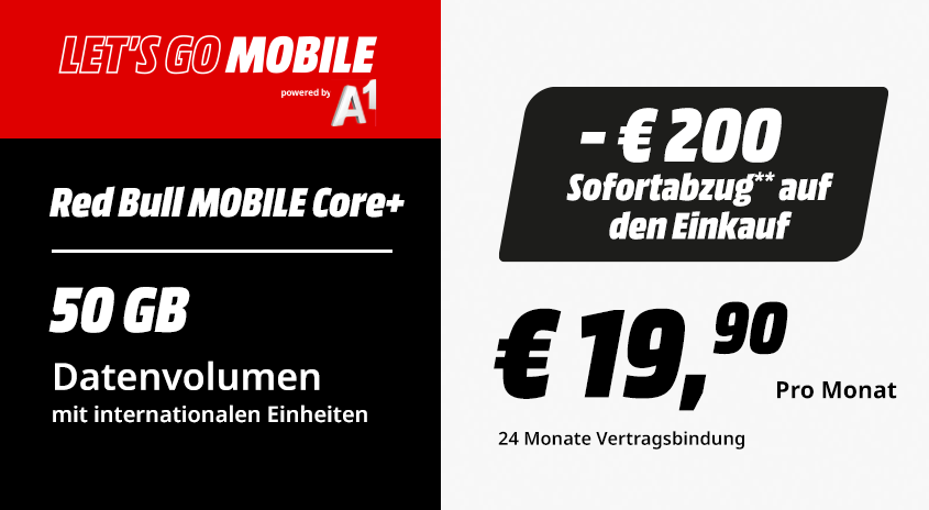 Red Bull MOBILE CORE+ Tarif: 50 GB Datenvolumen mit internationalen Einheiten, €200 Sofortabzug auf den Einkauf, monatlicher Preis €22,90.