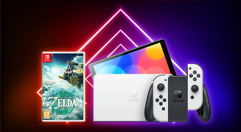 Ein Nintendo Switch-System mit einem Spiel auf einem mehrfarbigen Hintergrund mit Neon-Akzenten.