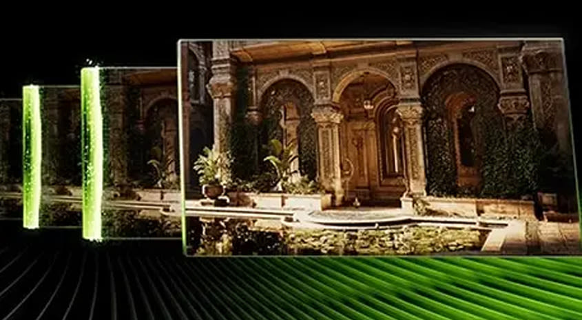 Man sieht einen Palast mit Säulen und einem Brunnen davor.