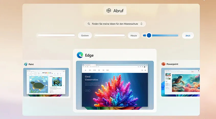 Auf einem hellen Bildschirm werden Apps wie Paint, Edge und PowerPoint mit Meeresschutz-Inhalten angezeigt. Ein Suchfeld ist oben.