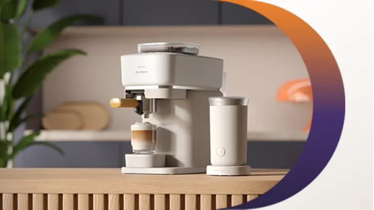 Philips Baristina Kaffeemaschine auf einer Kücheninsel, bereitet einen Latte Macchiato zu, daneben ein passender Milchaufschäumer im modernen, hellen Design.