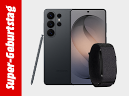 Smartphone und Smartwatch vor weißem Hintergrund. Links davon in einem roten Balken und weißer Schrift steht: Super-Geburtstag.