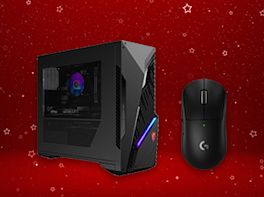 Produktbild eines Rechners und einer Maus vor rot-weihnachtlichem Hintergrund.