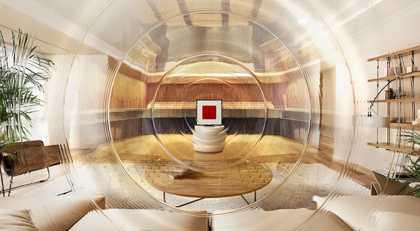 Wohnzimmer mit Sofa, Tisch und Regal, gesehen durch konzentrische Kreise. Im Zentrum steht ein Bildschirm mit rotem Quadrat.
