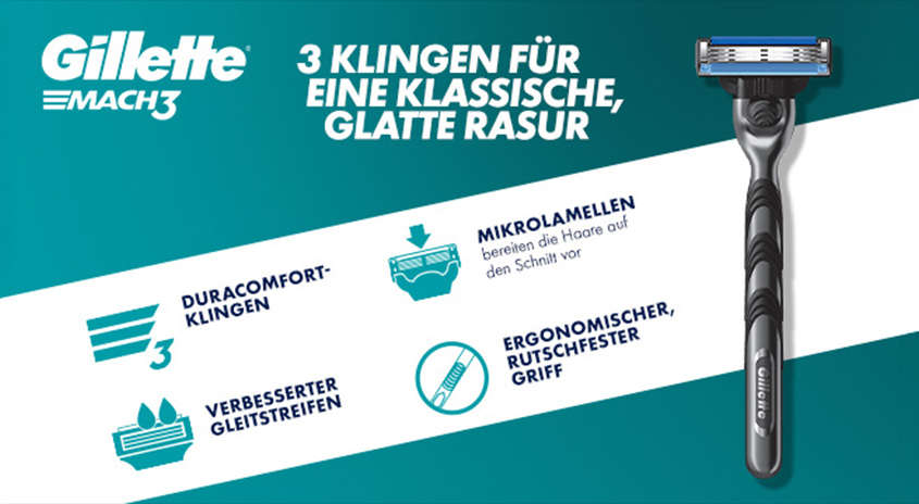  Gillette Mach3 Rasierer mit schwarzem Griff auf türkisem Hintergrund; Text "3 Klingen für eine klassische, glatte Rasur" mit Symbolen für DuraComfort-Klingen, Mikrolamellen, verbesserte Gleitstreifen und ergonomischem Rutschfester Griff.