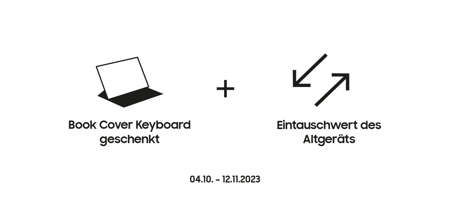 Schwarze Icons: Tastaturhülle, Pluszeichen, Pfeile. Text: "Book Cover Keyboard geschenkt", "Eintauschwert des Altgeräts", Aktionszeitraum.