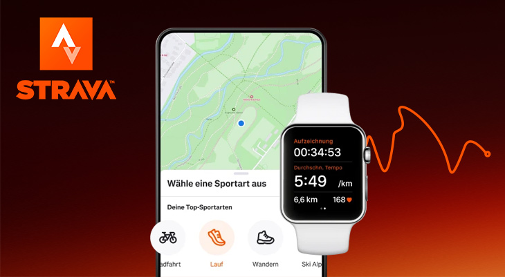 Strava App auf Smartphone und Apple Watch zeigt Trainingsauswahl und Laufstatistiken