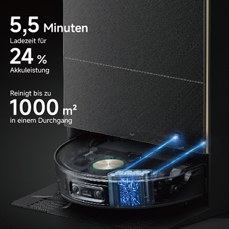 Roboterstaubsauger mit Ladestation: 5,5 Min. Ladezeit für 24% Akku, reinigt 1000 m² in einem Durchgang. Moderne Technologie mit blauer Visualisierung.