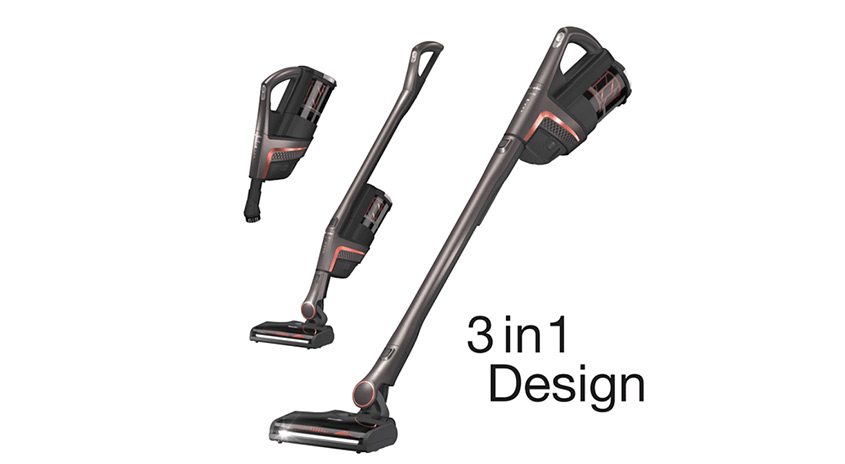 Drei Staubsauger in verschiedenen Konfigurationen auf weißem Hintergrund. Text "3 in 1 Design".