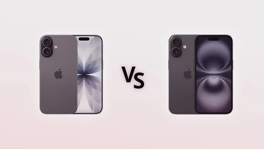 iPhone 17 und iPhone 16 mit Front- und Rückansicht auf hellem Hintergrund, in der Mitte die Buchstaben vs.