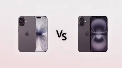 iPhone 17 und iPhone 16 mit Front- und Rückansicht auf hellem Hintergrund, in der Mitte die Buchstaben vs.